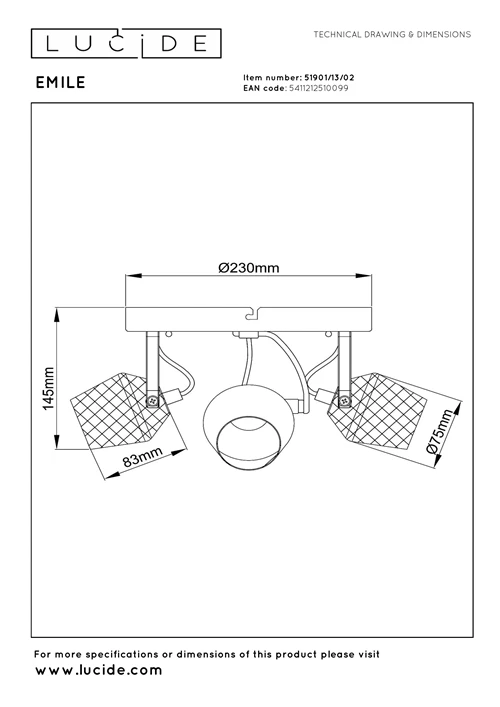 Lucide EMILE - Spot plafond - Ø 23 cm - 3xGU10 - Or Mat / Laiton - technique